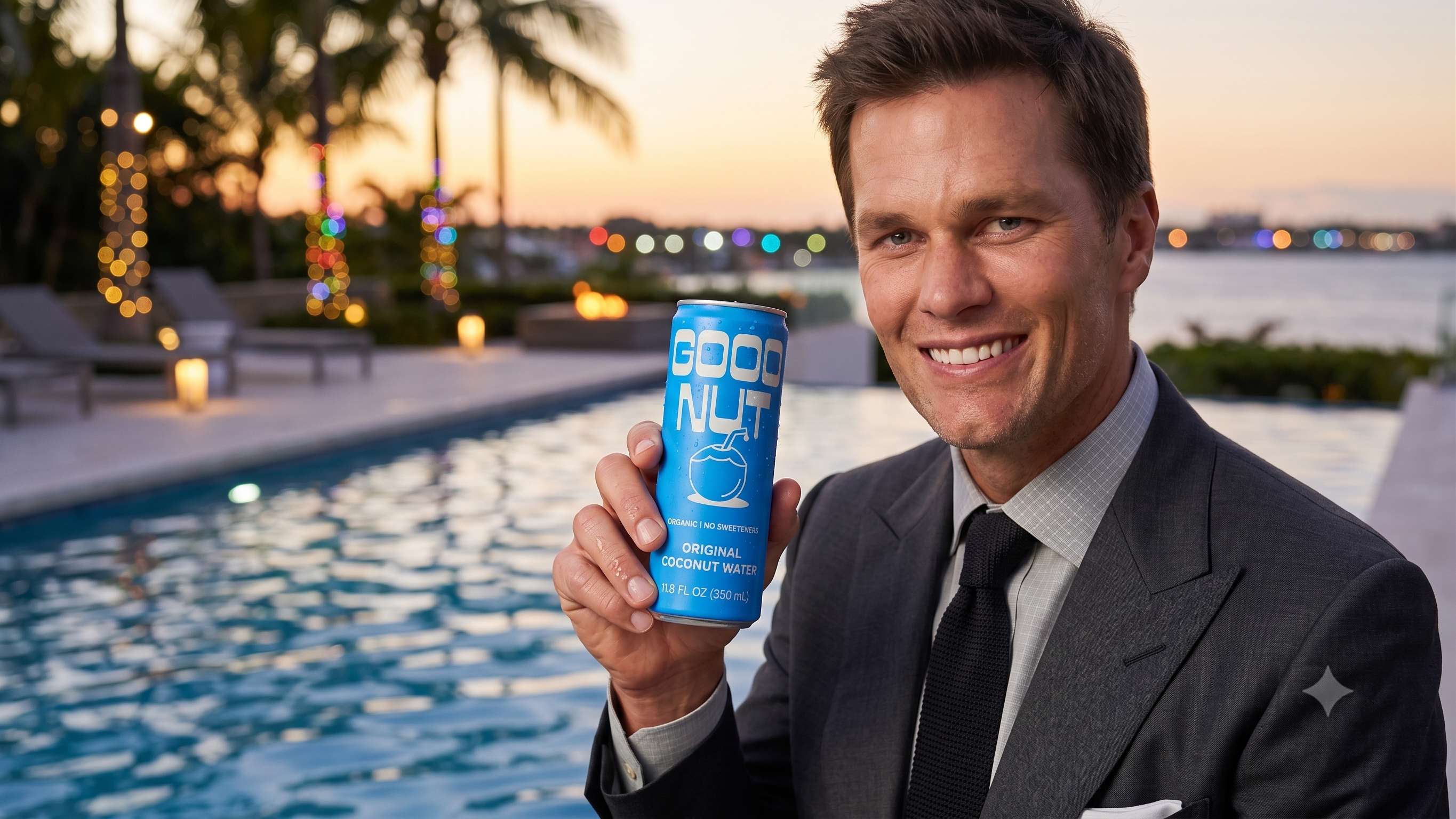 Man in a suit holding a blue GOODNUTT coconut water can poolside at sunset
